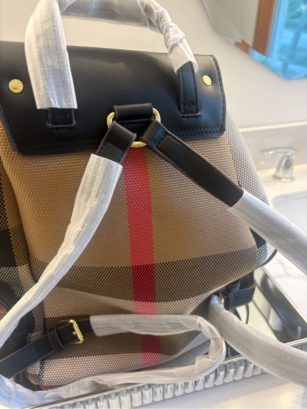 Designer-Inspired Tan Check Backpack with Black Trim and Red Stripe